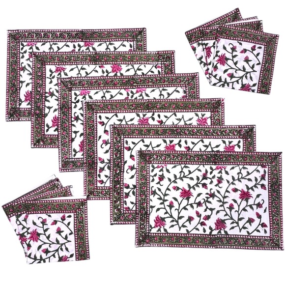 The Unbranded Brand Other - Set of 6 Cotton Placemat & Napkins Floral Pink Green Handcrafted Bohemian